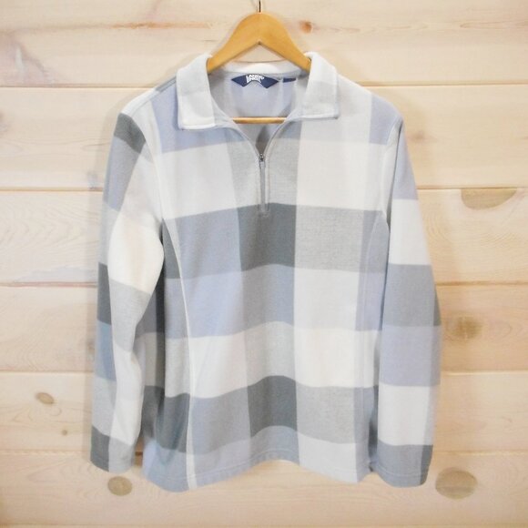 Lands' End Women's size L Fleece 1/4 Zip Pullover White Gray Plaid Sweatshirt - Picture 1 of 8